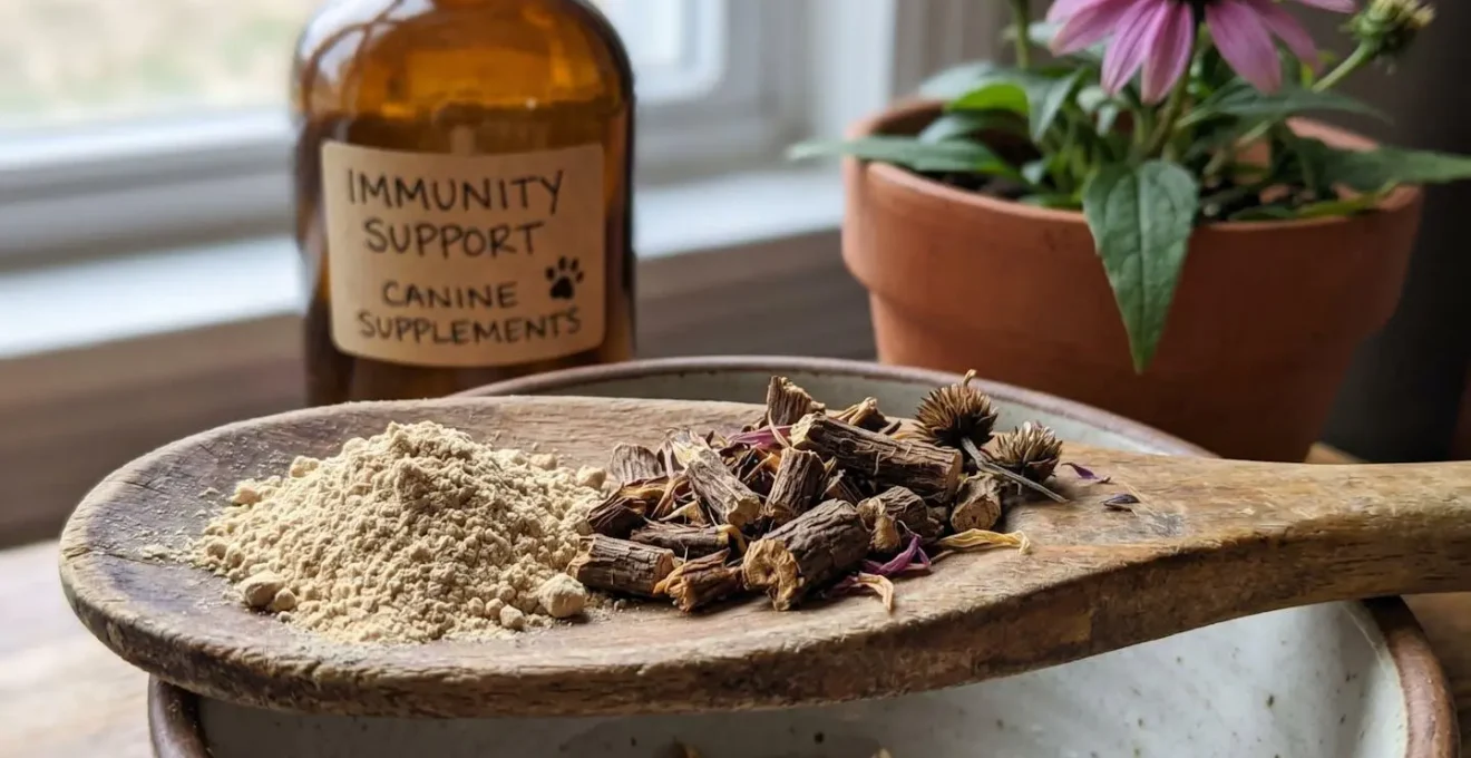 Gros plan texturé sur de la levure de bière en poudre et des racines d'échinacée séchées, évoquant les compléments naturels pour renforcer l'immunité canine