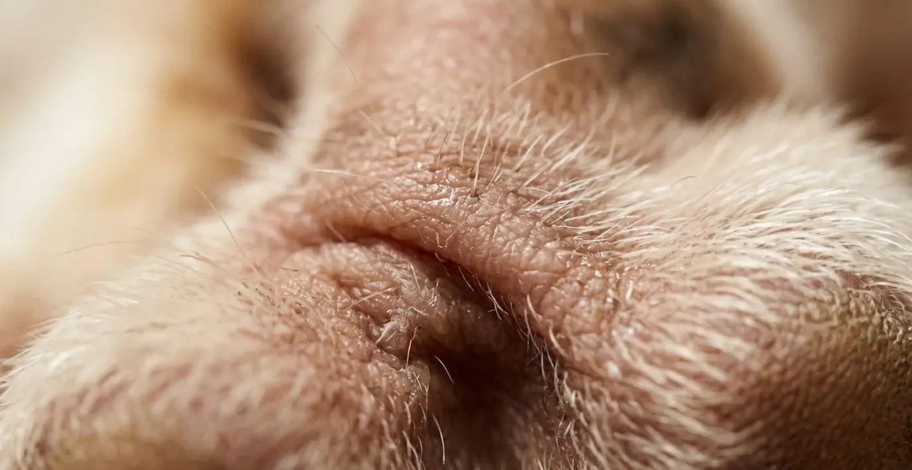 Détail macro des espaces interdigités d'un chien montrant l'environnement propice aux levures