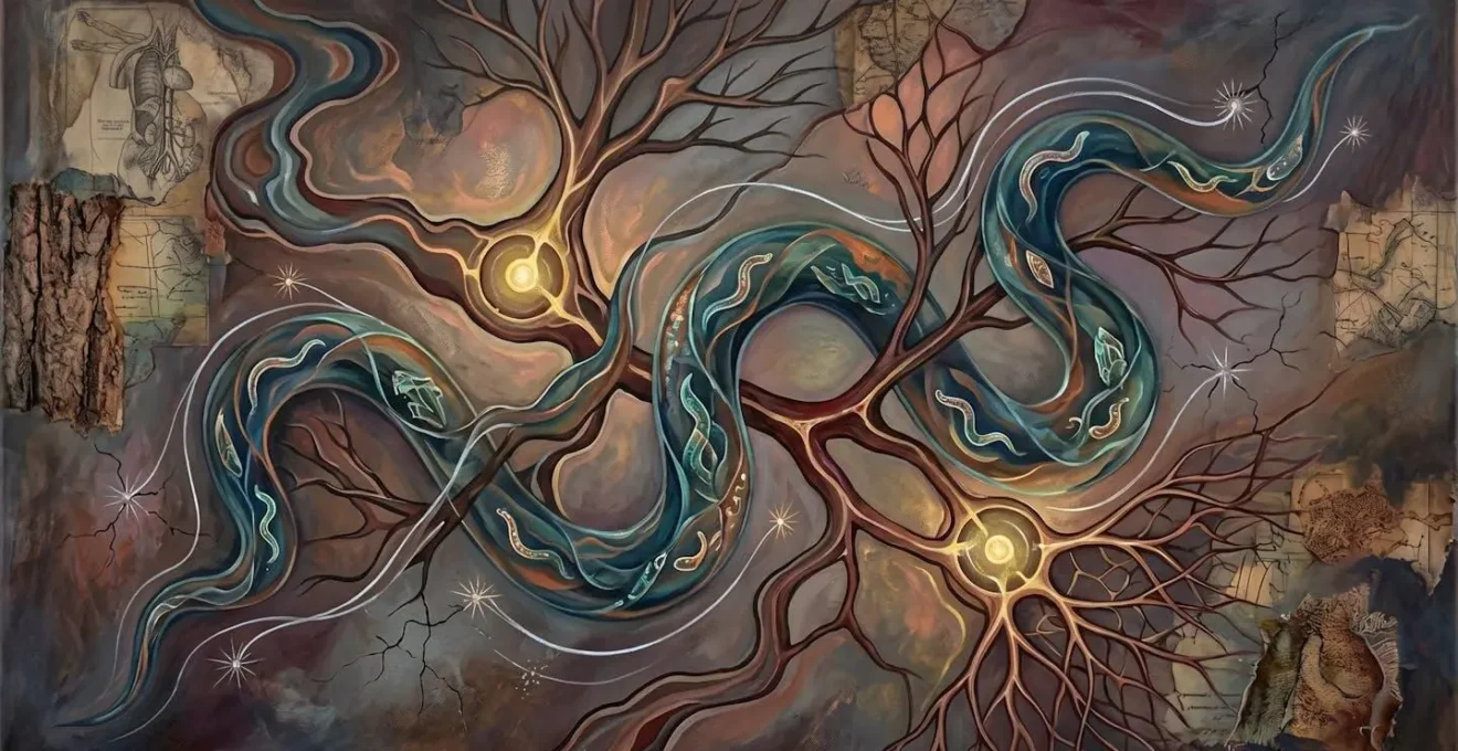 Concept abstrait illustrant la migration de larves de parasites dans l'organisme humain par une métaphore visuelle symbolique