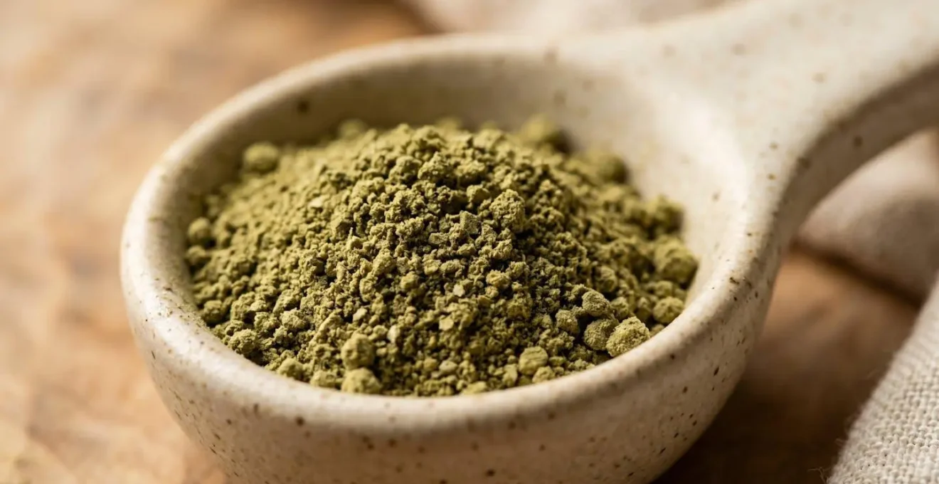 Gros plan sur de la poudre de moule verte vert-kaki dans une cuillère doseuse, texture naturelle et couleur caractéristique