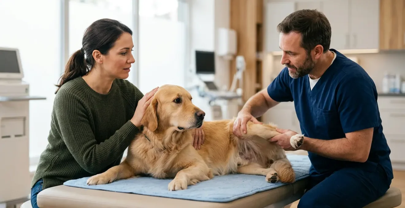Grand chien de race labrador chez le vétérinaire pour examen des hanches