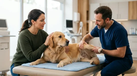 Grand chien de race labrador chez le vétérinaire pour examen des hanches