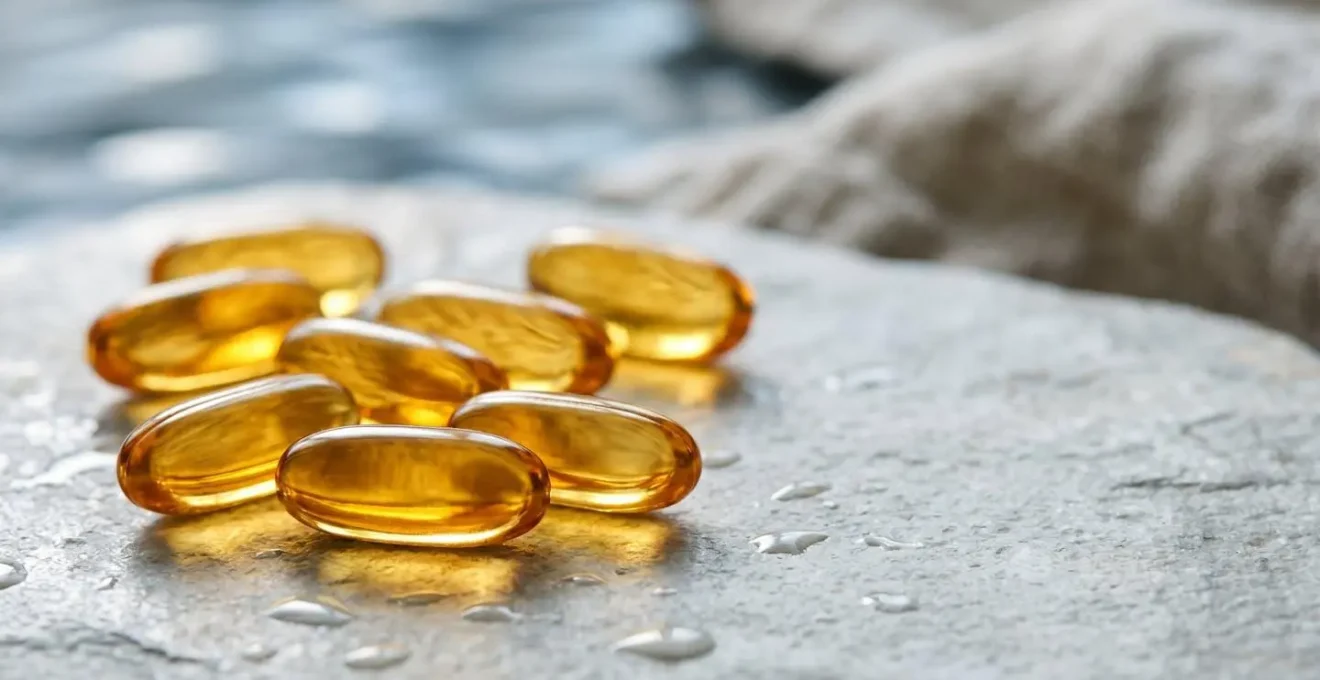 Capsules d'oméga-3 provenant d'huile de petits poissons sauvages illustrant la supplémentation essentielle pour les articulations du chien sportif