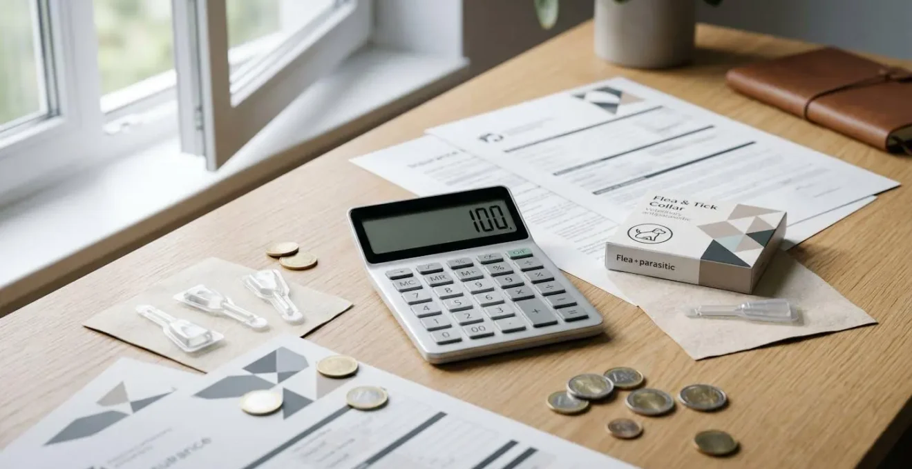 Vue stratégique de documents d'assurance avec produits antiparasitaires et calculatrice pour optimiser le forfait prévention