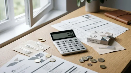 Vue stratégique de documents d'assurance avec produits antiparasitaires et calculatrice pour optimiser le forfait prévention