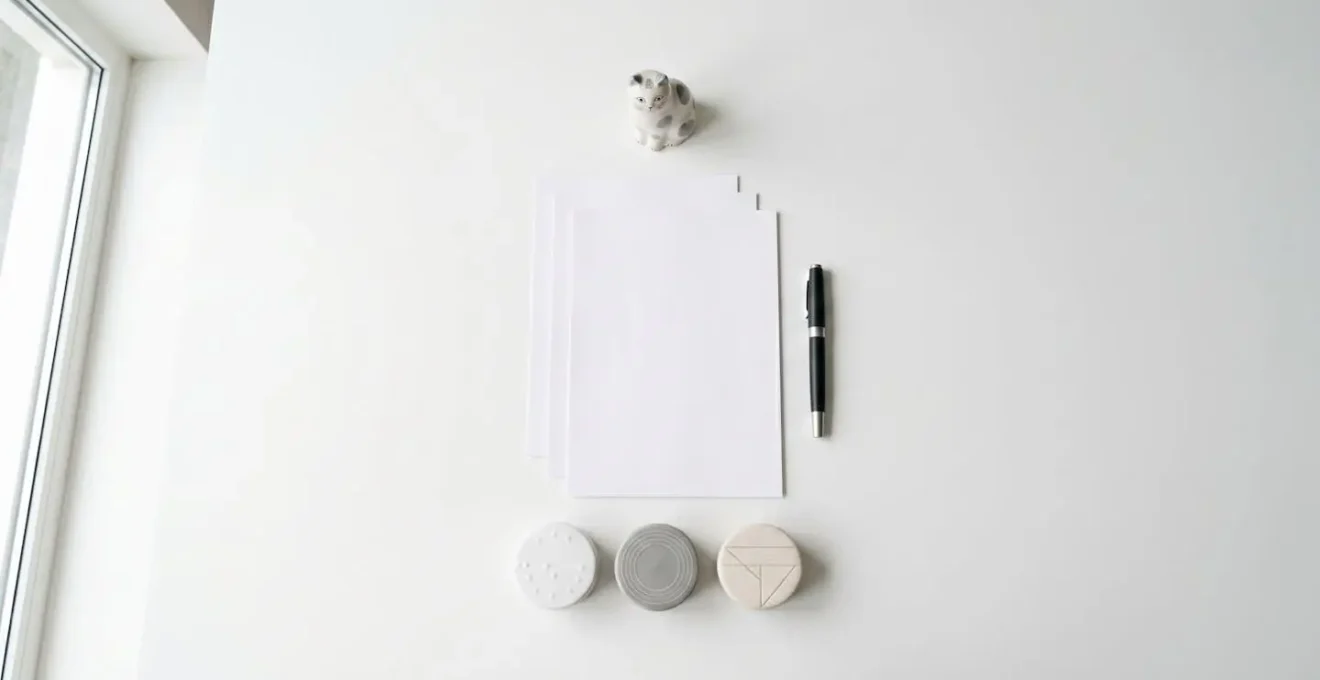 Vue aérienne minimaliste d'un bureau avec papiers et stylo organisés géométriquement
