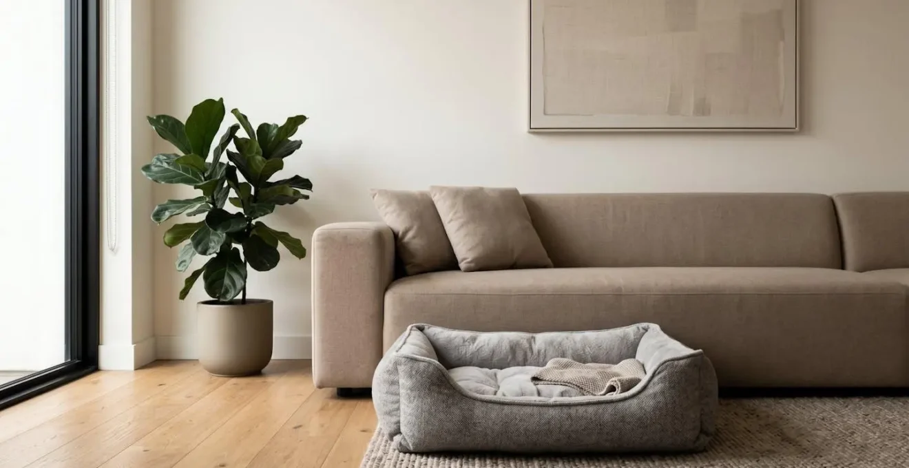 Couchage pour chien stratégiquement positionné dans un salon moderne contre un canapé