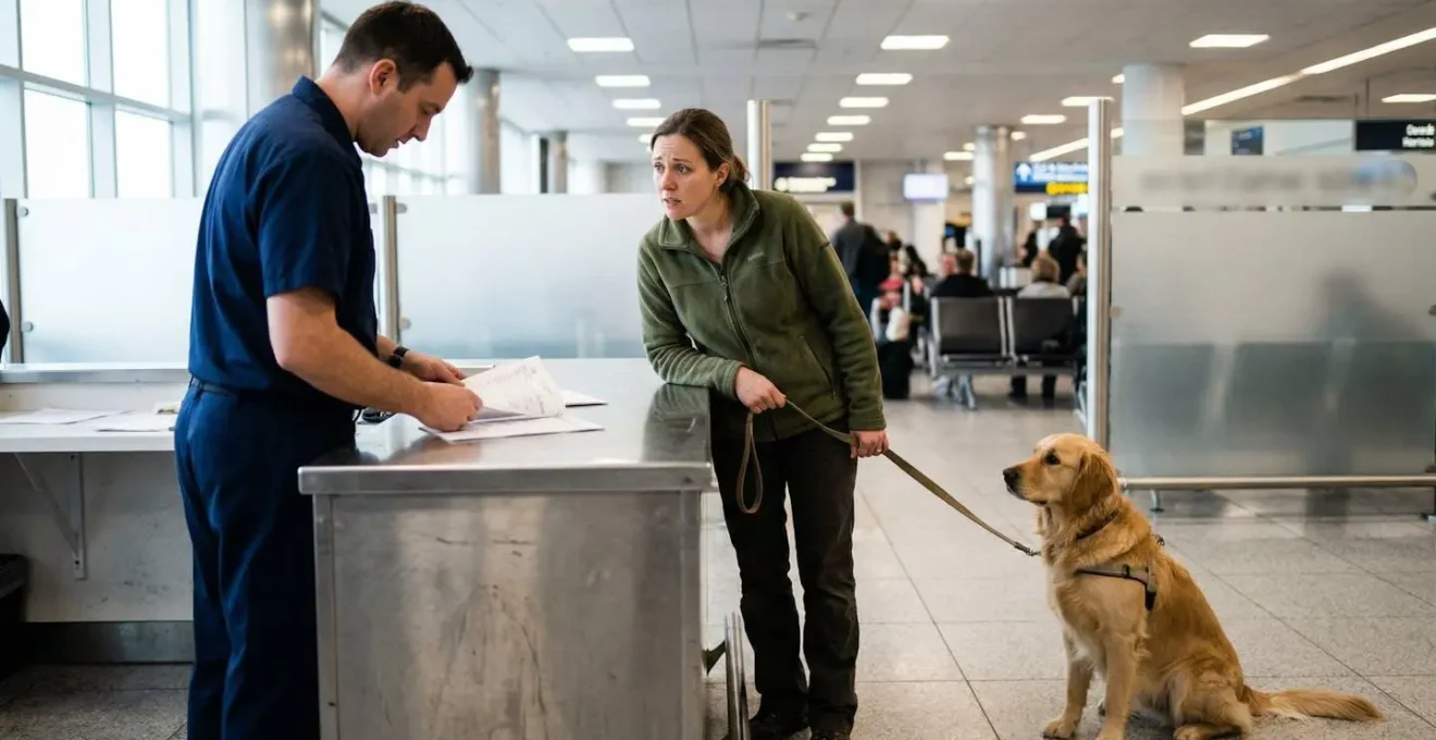 Chien avec son propriétaire à l'aéroport lors du contrôle des documents de voyage