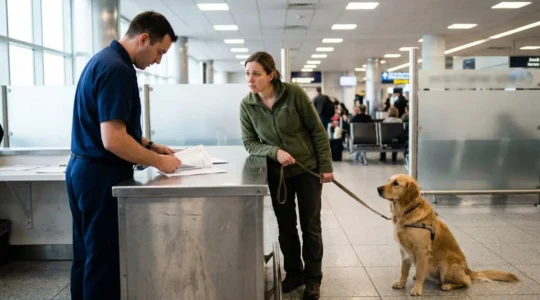 Chien avec son propriétaire à l'aéroport lors du contrôle des documents de voyage