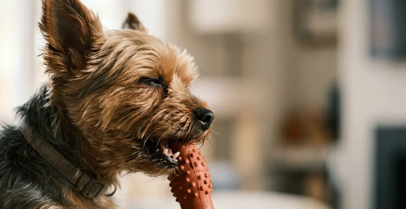 Petit chien mâchant un jouet en caoutchouc pour l'hygiène dentaire