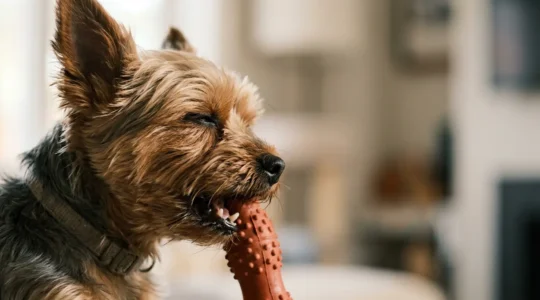 Petit chien mâchant un jouet en caoutchouc pour l'hygiène dentaire