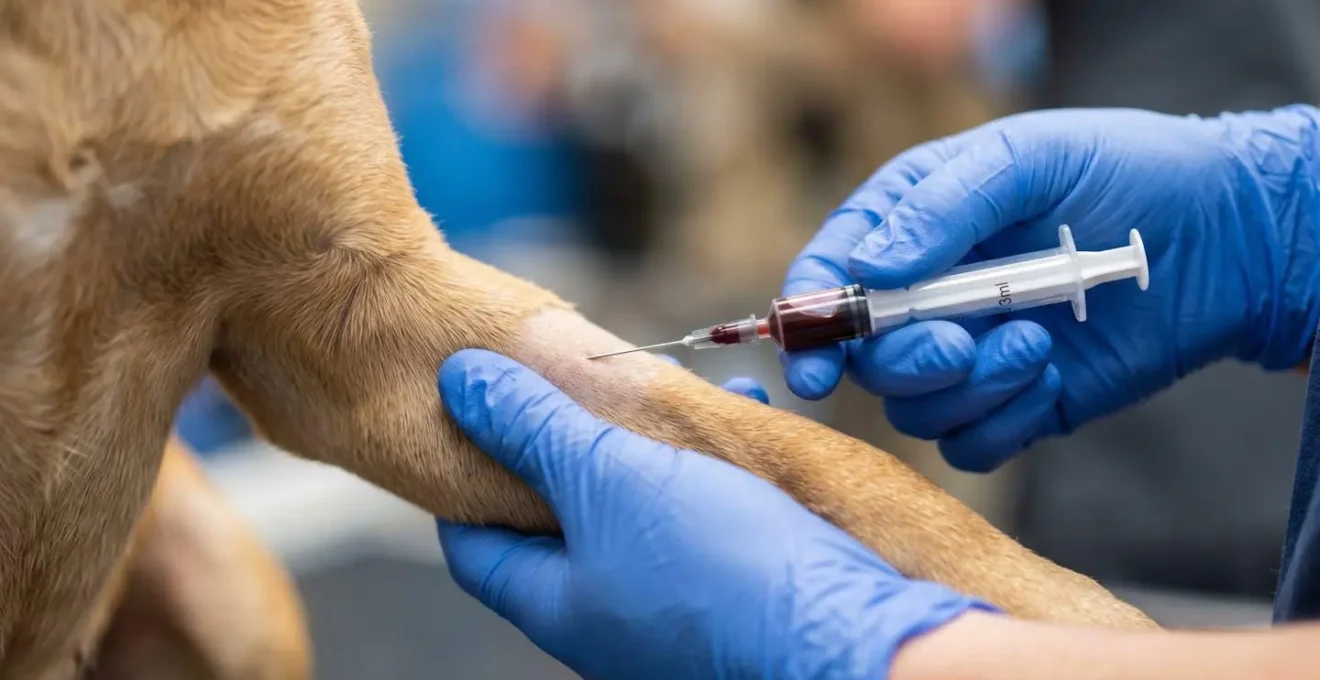 Vétérinaire prélevant un échantillon sanguin sur un chien pour le titrage des anticorps antirabiques