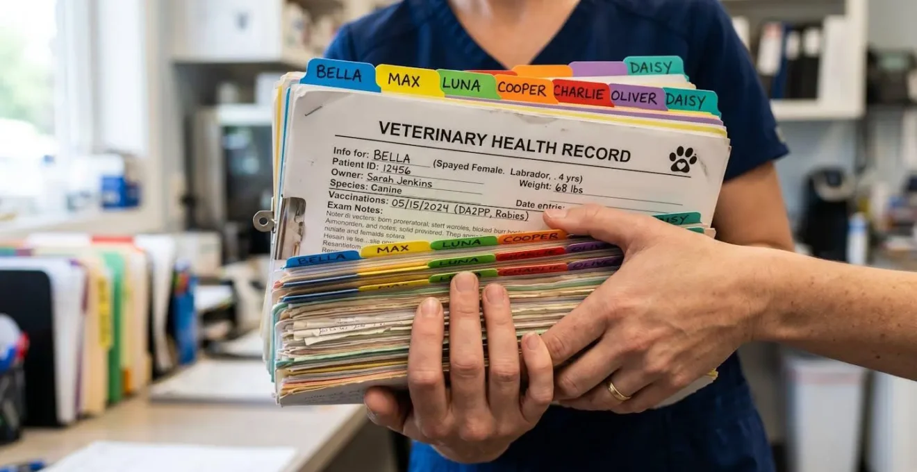 Vue macro d'une main tenant plusieurs carnets de santé vétérinaires superposés avec des onglets colorés