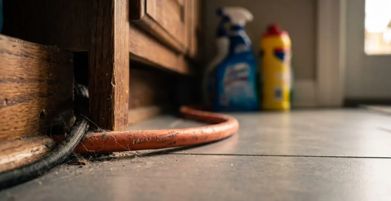 Vue au ras du sol d'un appartement montrant les dangers potentiels pour un chien : câble électrique et produits ménagers.