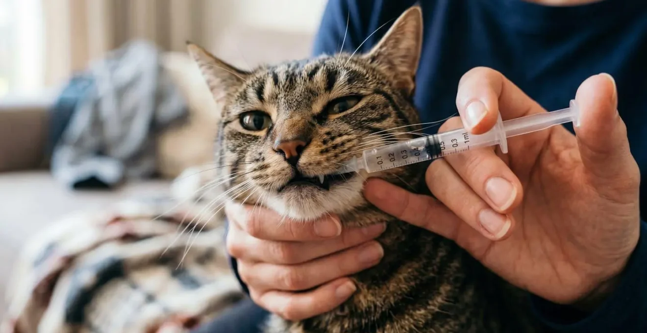 Gros plan sur l'administration d'un médicament liquide à un chat par la commissure des lèvres avec une seringue sans aiguille