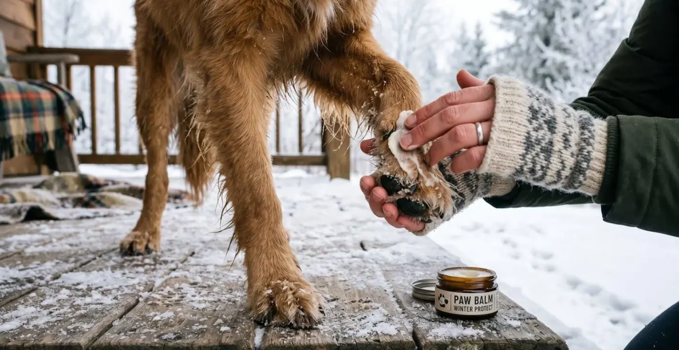 Gros plan sur les pattes d'un chien avec application d'un baume protecteur, illustrant les soins préventifs des coussinets en période hivernale