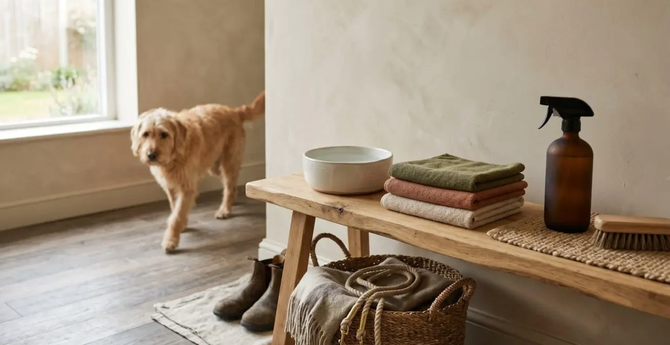 Station de nettoyage pour pattes de chien installée près d'une entrée de maison