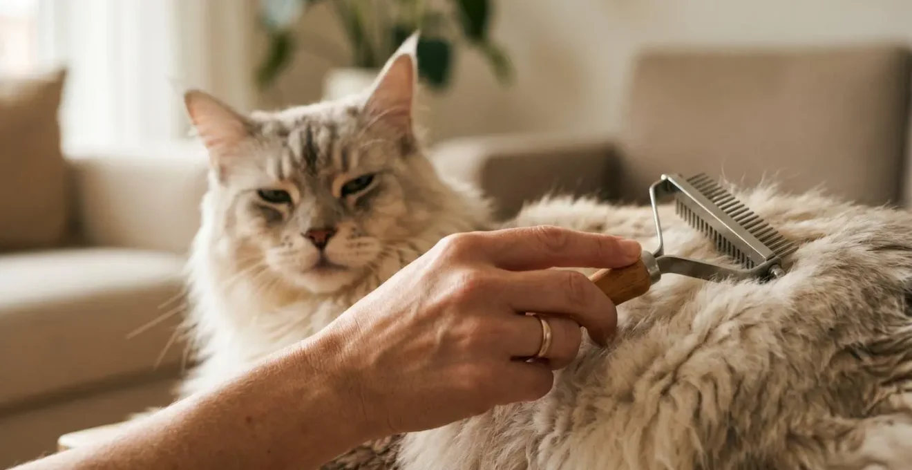 Main humaine tenant une étrille métallique à l'angle correct sur le pelage dense d'un chat pendant une séance de toilettage