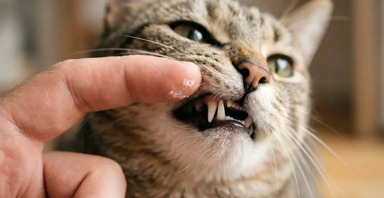 Geste doux d'application de dentifrice enzymatique sur la babine d'un chat calme
