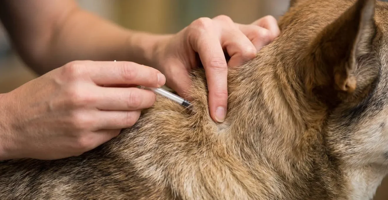 Démonstration de la technique d'injection sous-cutanée dans le pli du cou du chien