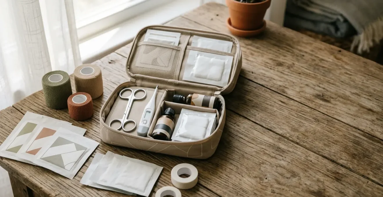 Trousse de premiers soins vétérinaire ouverte avec équipements de soins pour chien disposés de manière organisée