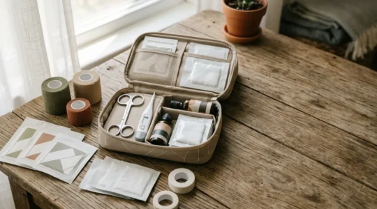 Trousse de premiers soins vétérinaire ouverte avec équipements de soins pour chien disposés de manière organisée