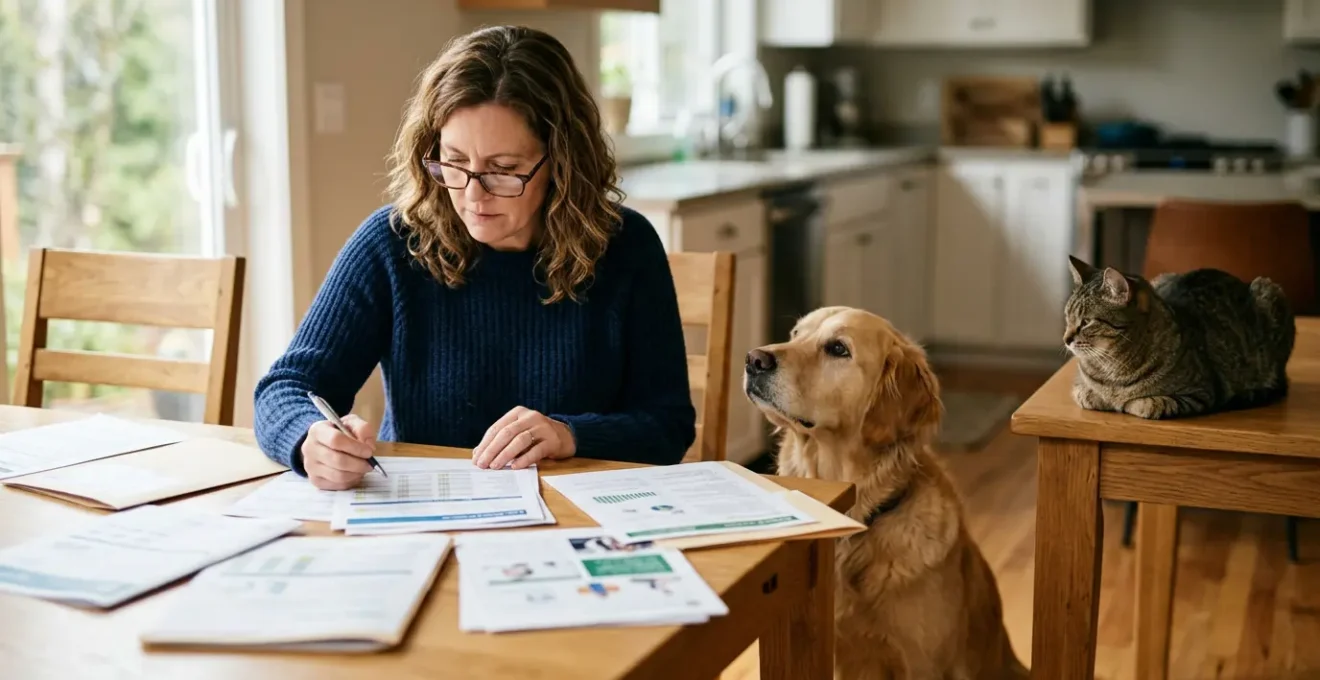Propriétaire analysant des documents d'assurance avec son chien et chat à proximité