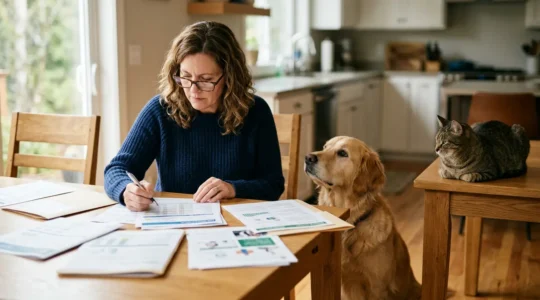 Propriétaire analysant des documents d'assurance avec son chien et chat à proximité