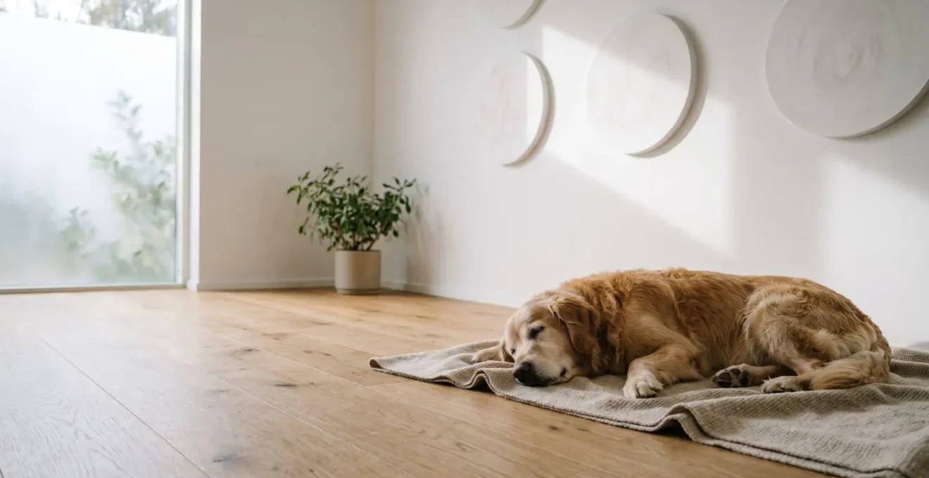 Chien senior avec calendrier symbolique en arrière-plan montrant l'évolution temporelle