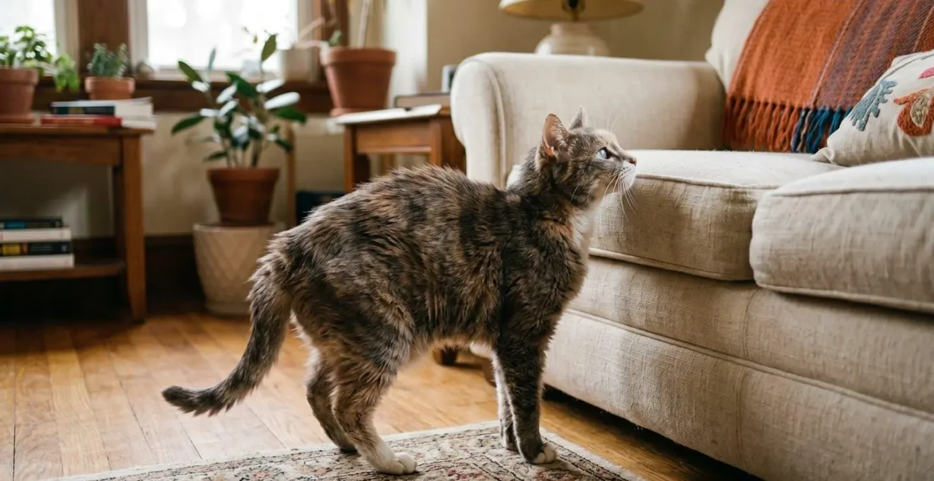 Chat âgé hésitant avant de sauter sur un canapé, montrant la raideur lombaire et le manque de fluidité du mouvement