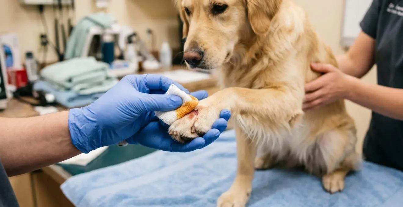 Gros plan d'une application délicate de solution antiseptique sur la patte d'un chien avec une compresse stérile