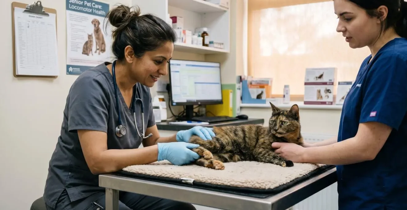 Vétérinaire effectuant une palpation douce des articulations d'un chat senior lors d'un bilan locomoteur préventif