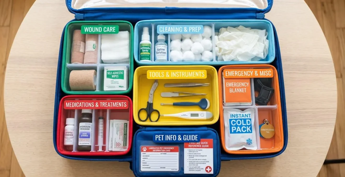 Vue organisée d'une trousse de premiers soins pour chien avec compartiments colorés et équipements classés par catégorie